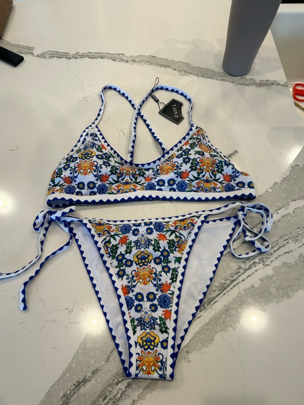Zaful Blue White Floral Scallop-Trim Tie-Side Bikini